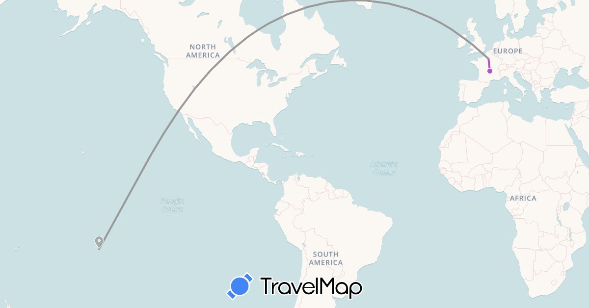TravelMap itinerary: driving, plane, train in France, French Polynesia, United States (Europe, North America, Oceania)